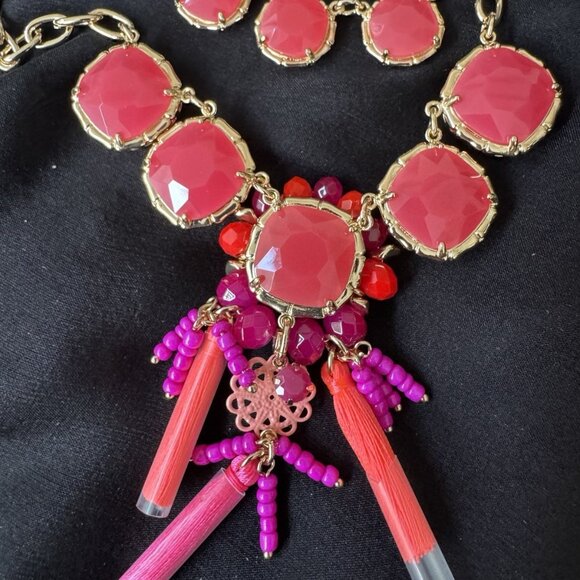 Lilly Pulitzer Goldtone Red Pink Bead Tassel Statement Necklace Earring SET NEW - Picture 13 of 14